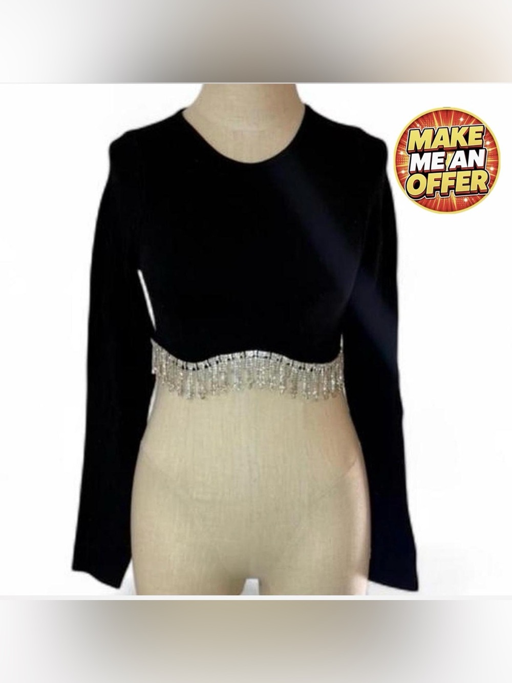 Brand New Sincerely Jules Black Long-Sleeve Crop Top with Silver Fringe - SZ M